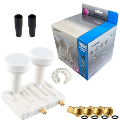 Immagine di Twin Monoblock LNB 0,1dB LNC HB DIGITAL Set 2 partecipanti Direct SAT Astra 19,2 Hotbird 13 Full HD TV 3D Ultra 4K + 4 connettori F dorati bocchette in gomma