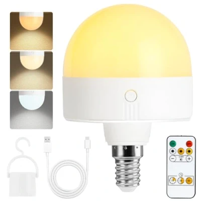 Immagine di Psatfito lampadina ricaricabile con timer e telecomando, lampadine a batteria dimmerabili base magnetica, LED di ricarica rimovibile E14, lampade non cablate 3 temperature colore