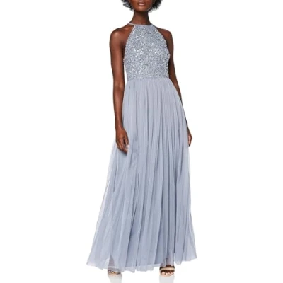 Immagine di Maya Deluxe Donna per Damigella d&#039;Onore, Maxi Abito con Scollo all&#039;Americana E Paillettes Vestito d’Onore, Blu Polvere, 34