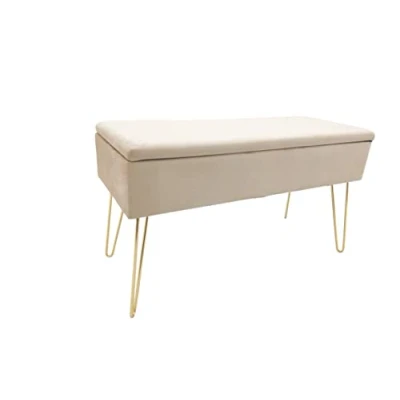 Immagine di ECHTWERK Panca Scarlett Imbottita con Rivestimento in Velluto, Rettangolare, vano portaoggetti, Gambe Metallo, 75 x 30 41,5 cm, Colore: Crema, Misto Poliestere, 42 cm