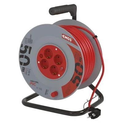 Immagine di EMOS Avvolgicavo da 50 m con interruttore 4 prese Schuko 230 V, 16 A, 3680 W Isolamento in PVC di alta qualità H05VV F3G 1,5 mm2 Protezione contro il surriscaldamento IP20 per interni