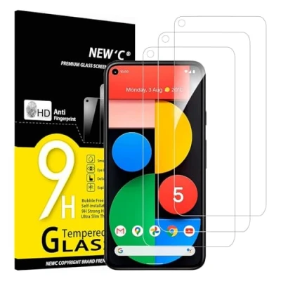Immagine di NEW&#039;C 3 Pezzi, Vetro Temperato per Google Pixel 5 5G, Pellicola Prottetiva Anti Graffio, Impronte, Senza Bolle, Durezza 9H, 0,33mm Ultra Trasparente, Resistente