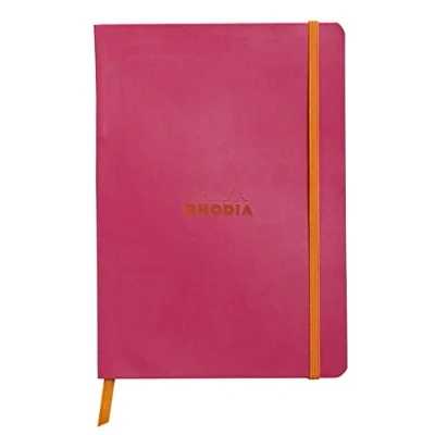 Immagine di RHODIA 117412C Taccuino Flessibile lampone A5 A righe 160 pagine Carta Clairefontaine Avorio 90 g/m Segna pagina, Chiusura con elastico Copertina Simil Cuoio Collezione Rhodiarama