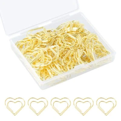 Immagine di Anseom Set di 100 graffette a forma cuore oro, con scatola trasparente da 2,8 cm, ideali per organizzare e fissare documenti, cuore, ufficio, scuola
