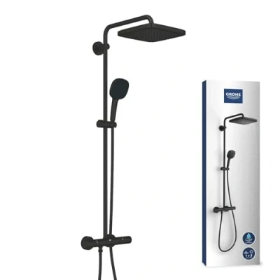 Immagine di Grohe Vitalio Comfort 250 Colonna doccia con miscelatore termostatico, a testa quadrata 25 cm, 1 getto, doccetta 11 2 getti, flessibile 1,75 m, risparmio idrico, nero opaco,
