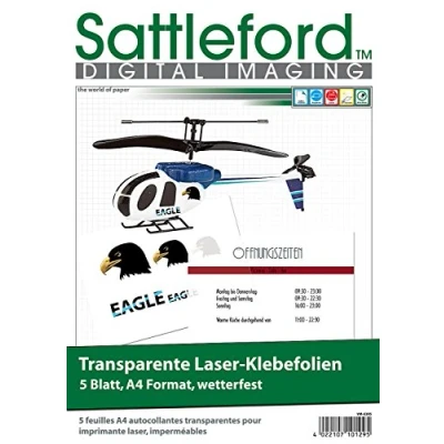 Immagine di Sattleford pellicola stampabile: 5 pellicole adesive A4 per stampante laser trasparente (pellicola laser, stampa autoadesiva, resistente alle intemperie)