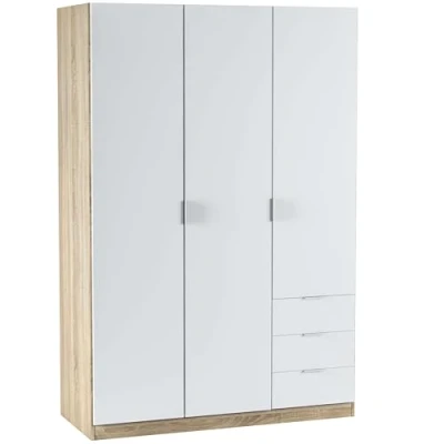 Immagine di Armadio con tre ante e cassetti, finitura rovere canadese/bianco, dimensioni 121 cm (L) x 180 (A) 52 (P)