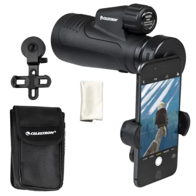 Immagine di Celestron 72370 Outland X Monocolo impermeabile 10x50 adattatore smartphone, Bluetooth, coprioculari, custodia con cinghia Alloggiamento resistente, vetro prismatico BaK 4 e ottica multi strato, Nero