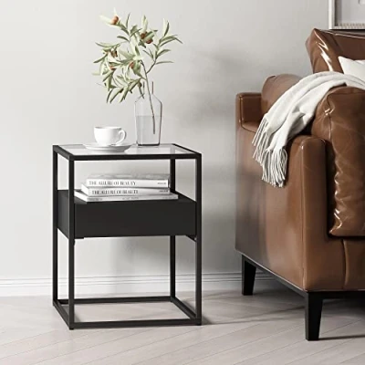 Immagine di [en.casa] Comodino in Acciaio Tavolino da Divano 51 x 40 cm Basso con Piano Tavolo Vetro Temperato a Cubo Cassetto e Scomparto Aperto Nero opaco