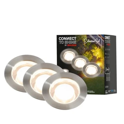 Immagine di Briloner Sistema da giardino Connect to Shine 12V, set di 3 faretti incasso a LED con manicotto, prolunghe, IP67, luce bianca calda, illuminazione giardino, 45x66 mm, colore argento