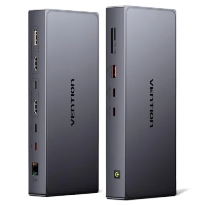 Immagine di VENTION Docking Station DisplayLink per MacBook M1/M2/M3/M4, USB C 11 in 1 con Doppio Monitor 4K@60Hz, Stazione portatile A/C 10Gbps, HDMI, DP, PD 100W, SD/TF
