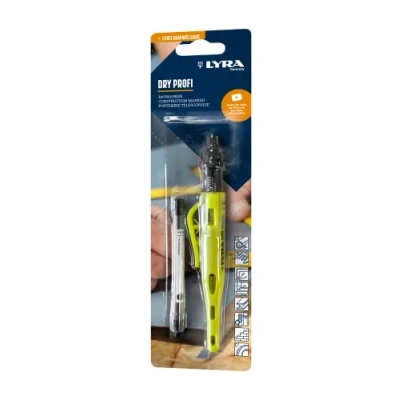 Immagine di LYRA L4498104, DRY Matita per edilizia professionale, con temperamatite e clip, mina universale in grafite da 2B, 2,8 mm, tutte le superfici, blister + 3 mine universali