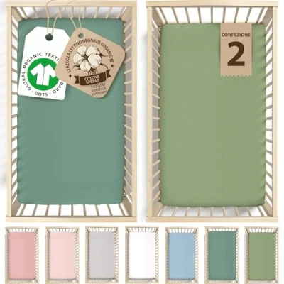 Immagine di Bunnyjik GOTS 2 lenzuola con angoli elasticizzati Next2me (verde foresta + verde salvia, culla da 51 x 85 cm)