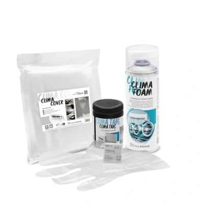 Immagine di ErrecHome Kit pulizia climatizzatori, include Clima Foam Pulitore schiumoso cover protettiva Cover, Tabs 40 pastiglie per la dello scarico condensa, guanti
