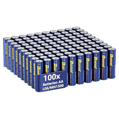 Immagine di BONAI Longlife Batterie alcaline AA (100 pezzi) 1,5 V Mignon LR06, potenti, ideali per sveglia, termometro, lampade decorative e altri dispositivi con elevato fabbisogno energetico