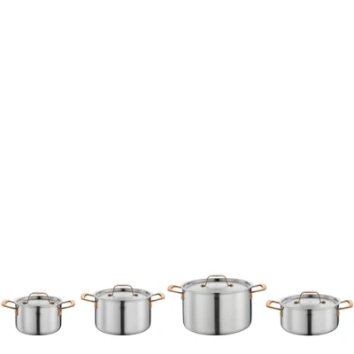 Immagine di Spring GOURMET, set di 4 pentole multistrato con coperchio in acciaio inox, adatte al forno, scala interna, pentola Ø 16, 20, 24 cm, 20 oro rosa