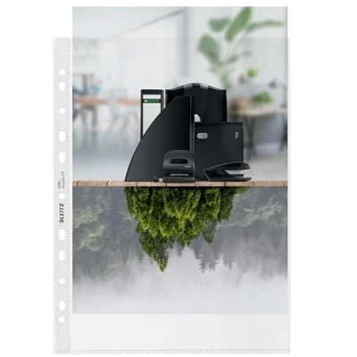 Immagine di Leitz Busta Perforata in Plastica, Formato A4, Confezione da 100, Superficie Opaca Goffrata, Spessore 100 Micron, 100% Riciclabile, Ecologico, Gamma Recycle, Trasparente, 47911003