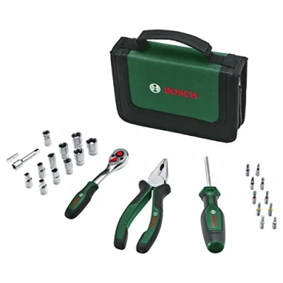 Immagine di Bosch Set di Utensili Manuali da 26 Pezzi, Kit Compatto e Portatile per Progetti Fai Te, Ottimo Trasportare, Cricchetto 1/4&quot;, Pinze Combinate, Cacciavite Universale, in Borsa Tessuto