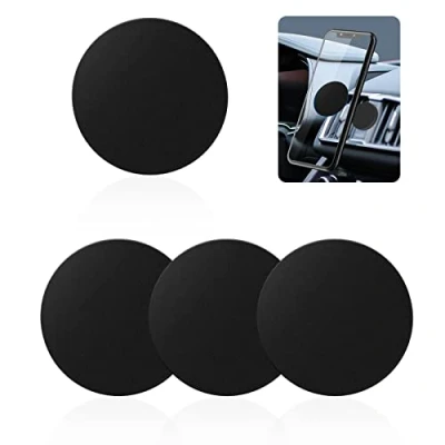Immagine di Set di 4 piastre metalliche autoadesive con adesivo per supporto magnetico auto, molto sottili cellulare e tablet, colore nero, rotonde rettangolari