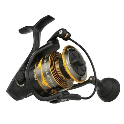 Immagine di PENN Battle® IV Spinning Reel, Saltwater Angler Fishing Sea Fish Lure &amp; Bait, Bass, Pollack, Cod, Mackerel, Wrasse, Aluminum Robust Ambidextrous 4000 High Speed Reel Size 7.0:1 Black, Gold Smoke