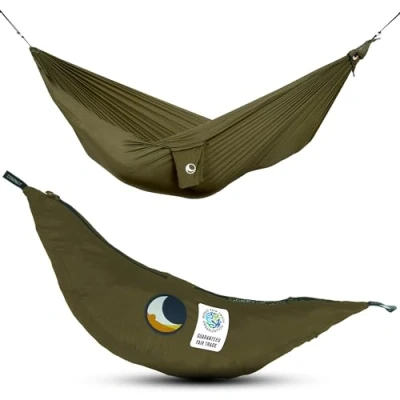 Immagine di Ticket to the Moon Amaca Compact, commercio Equo &amp; Fatta a mano, leggera VERDE MILITARE per viaggi, campeggio e uso quotidiano, 3.2 * 1.55m, solo 480g, nylon paracadute in seta, Si monta &lt; 1 min.
