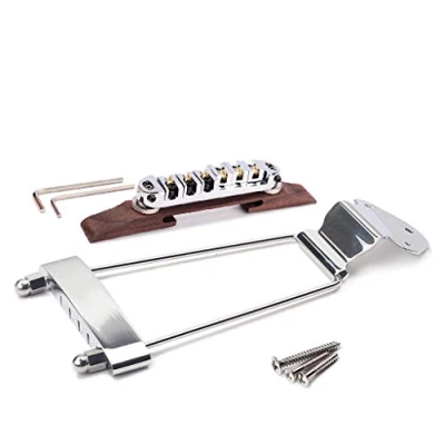 Immagine di Alnicov Set di ponte in legno palissandro regolabile altezza e cordiera a trapezio per chitarra archtop jazz 6 corde, pezzi chitarre jazz, cromato