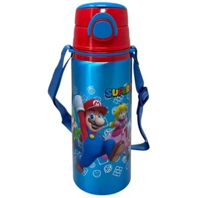 Immagine di Borraccia in alluminio con cannuccia Super Mario 730 ml bottiglia apertura automatica pop up per bambini tracolla dotazione