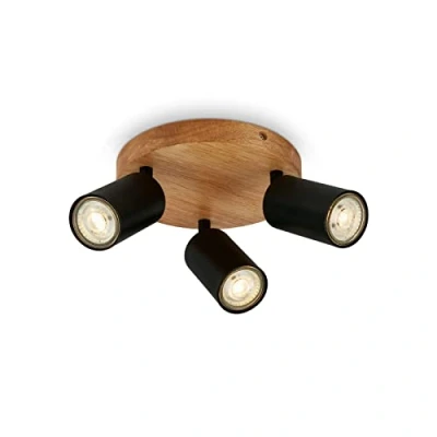 Immagine di BRILONER lampada da soffitto retrò con legno, vintage a 3 luci, 3x attacco GU10, spot LED regolabile, rustico, nero 190x85 mm