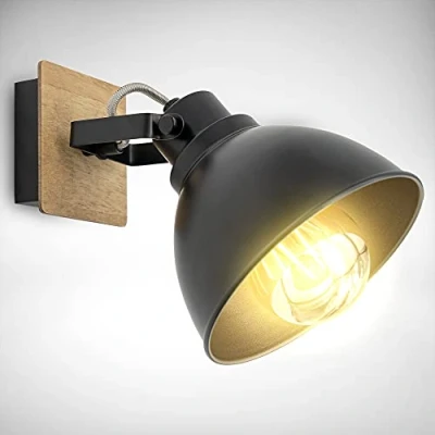 Immagine di B.K.Licht lampada da parete retrò orientabile, legno e metallo, attacco per lampadina E27 non inclusa, applique vintage industriale, faretto muro o soffitto nero oro