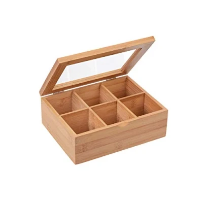 Immagine di GRÄWE® Scatola da tè in bambù con 6 scomparti, coperchio pieghevole, finestra trasparente, contenitore per bustine di conservare il modo protetto dagli aromi, 21 x 16 7,5 cm