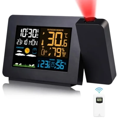 Immagine di Orologio Proiezione Soffitto con Sensore Esterno, Stazione Meteo Temperatura Umidità Esterna Interna, Sveglia Digitale da Comodino 2 Allarmi LCD Display di Calendario Previsioni del Tempo