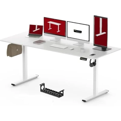 Immagine di SANODESK 180x80cm Scrivania Regolabile in altezza, Standing Desk, elettrica per Computer con Gancio, Blocco Bambini, Funzione di Memoria Ufficio e Casa Bianco