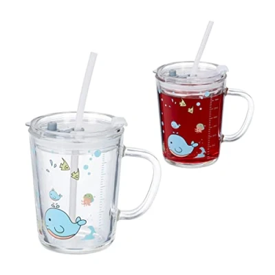 Immagine di Relaxdays Set da 2 Tazze per Bambini, Vetro, Silicone, ABS, con Cannuccia, Manico e Tappo, 400 ml, Balena, Trasparente