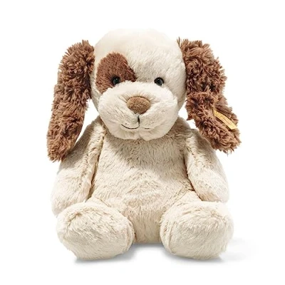 Immagine di Steiff Peppi 083594 peluche a forma di cucciolo cane seduto, per bambini, Soft Cuddly Friends, giocare, mobile e lavabile, crema/marrone (083594)
