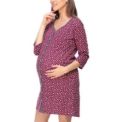 Immagine di Be Mammy Camicia da Notte di maternità Donna con Manica 3/4 e Funzione Allattamento (Stelle Bianca (Rosso Vinaccia), XXL)