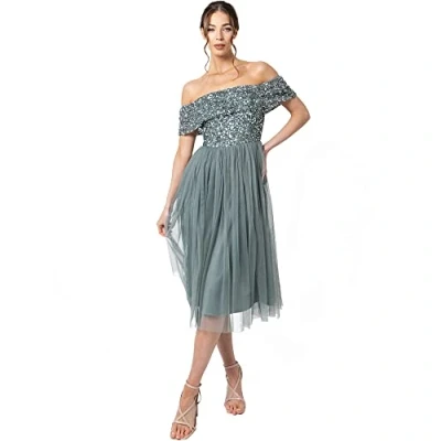 Immagine di Maya Deluxe Abito Midi Bardot Impreziosito Vestito per Damigella d?Onore, Verde Nebbia, 36 EU Donna