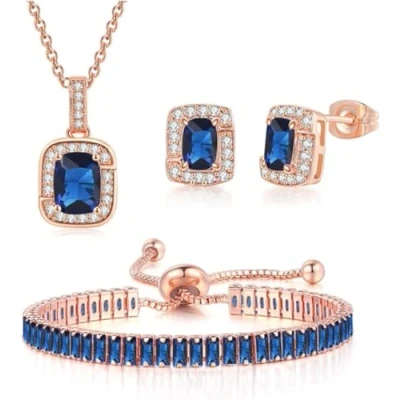 Immagine di FDEETY Gioielleria Parures per Donne con Zirconi Cubici Collana Orecchini Bracciali Set la Sposa Zirconia Damigella D&#039;onore (Blu)