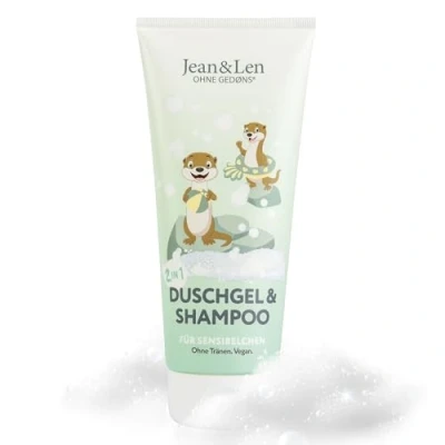 Immagine di Jean &amp; Len 2in1 gel doccia e shampoo per bambini sensibili, pulizia particolarmente delicata la pelle i capelli dei bambini, nessun bruciore agli occhi, vegano, 200 ml