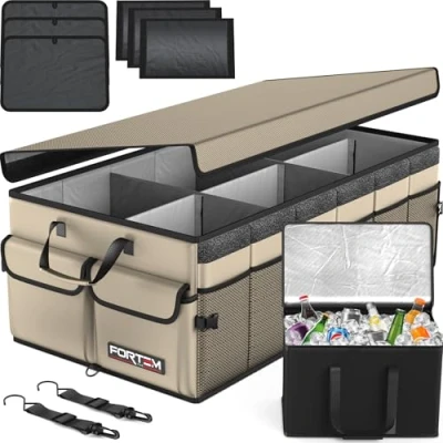 Immagine di FORTEM Organizer per Bagagliaio Auto con Frigo, Pieghevole Multi Scomparto e SUV, Fondo Antiscivolo, Cinghie Regolabili, Coperchio (Abbronzatura, Extra Grande)