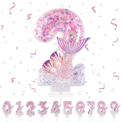 Immagine di candele di compleanno con numeri 2,3D, sirene rosa, 2, decorazione per torte, compleanni, decorazioni