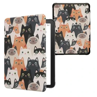 Immagine di kwmobile Custodia eReader Compatibile con Amazon Kindle Paperwhite (12. Gen 2024)/Kindle Colorsoft Cover eBook Reader Flip Case arancione/nero/bianco Gatti