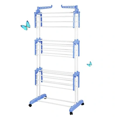 Immagine di Stendino, 3 Livelli Stendibiancheria Verticale Allungabile con Ruote, Acciaio Inossidabile Stendino da Balcone Esterno, Stendipanni per Interno (75*64*170cm (blu e bianco))