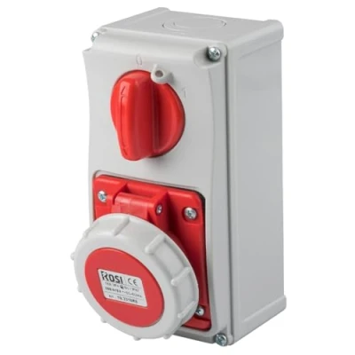 Immagine di Presa interbloccata verticale con sezionatore interruttore, fondo, 380V, 4 poli 3P+T, 32A, IP67 Rosi 19.3332R6