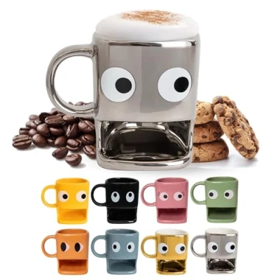 Immagine di FISURA Tazza originale da regalare “occhi. con supporto per biscotti argentata. in ceramica spazio biscotti. capacità di 240 ml.
