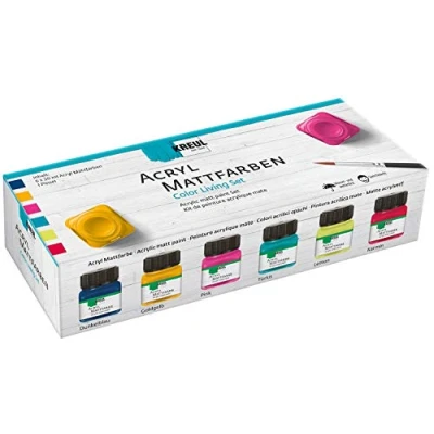 Immagine di Kreul 75601 vernice acrilica opaca in Color Living Set, 6 vernici da 20 ml e pennello, cremosa a base d&#039;acqua ad asciugatura rapida, adatta varie superfici