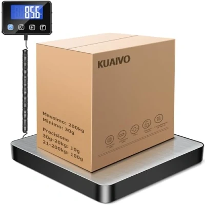 Immagine di KUAIVO Bilancia Pesa Pacchi 200kg / 10g Alta Precisione, Professionale con Funzione LCD/Hold/Tara, Postale Piattaforma in Acciaio Inossidabile per Pacchi, Magazzino e valigia