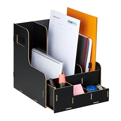 Immagine di Relaxdays Portadocumenti, 3 Cassetti, Documenti DIN A4, 27x24x31,5 cm, Desk Organizer, Portariviste Ufficio Scuola, Nero, 100% Fibra di Legno