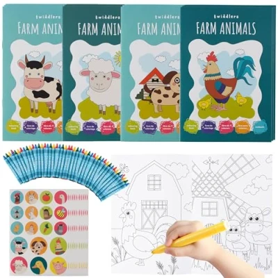 Immagine di THE TWIDDLERS 12 Mini Libri da Colorare per Bambini, Formato A5 16 Divertenti Disegni Assortiti con 48 Pennarelli e Adesivi Inclusi Regalini Fine Festa Fai Te Bimbi Bimbe 4 a 8 Anni