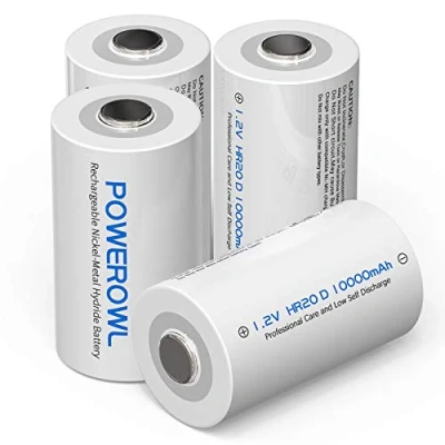 Immagine di Batterie Ricaricabili D,POWEROWL 10000mAh Pile Ricaricabile Stilo D Torcia HR20 Mono,Confezione da 4 Pezzi (1200 cicli, 1,2 V, Ni MH)