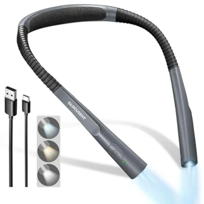Immagine di Glocusent Rinnovata LED Luce Lettura Collo, per Libri a Letto, Timer 30min., 3 Colori &amp; Intensità Regolabili, Ricaricabile Duratura, Ideale Leggere, Sferruzzare, Riparare